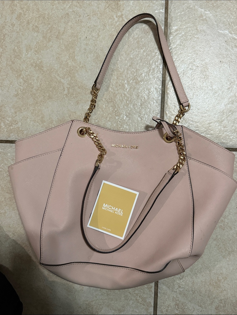 Michael Kors Blush Pink Leather Tote with Gold Chain Handles